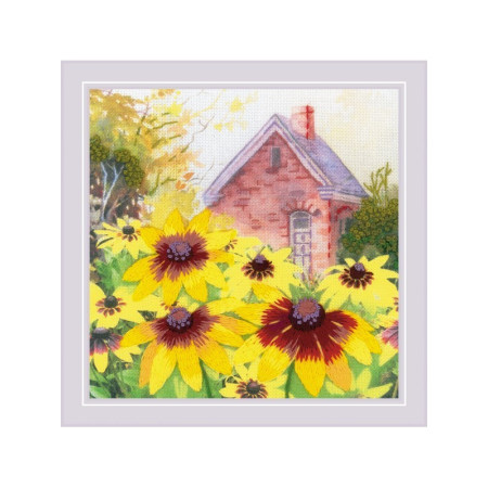 Stickset Rudbeckia im Garten. Plattstich