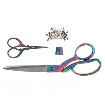 Scharenset stofschaar - borduurschaar - vingerhoed regenboog